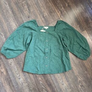 Roolee Green Button-Up Puff Sleeve Blouse Top Square Neck NWT